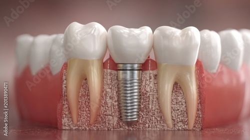 Detailed close-up of a dental implant positioned between natural teeth showcasing modern dentistry and oral health innovations for effective tooth replacement solutions. Generative AI