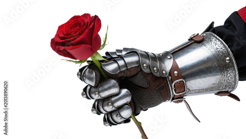 Tableau sur toile Isolated knight's metal gauntlet holding a vibrant red rose, a symbol of chivalry and love