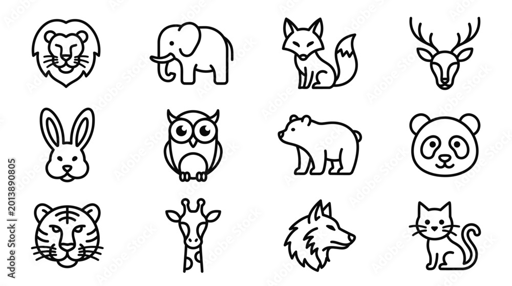 Obraz premium Collection of hand-drawn minimalist animal icons featuring various wildlife species in simple line art style on white background for design use