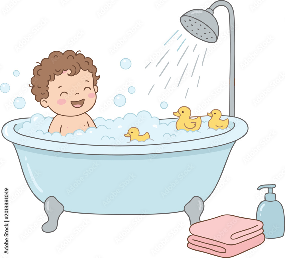 Naklejka premium Cute Cartoon Baby Boy Taking a Bath in a Clawfoot Tub with Soap Bubbles, Yellow Rubber Ducks, Shower Head, and Bathing Accessories Vector Illustration