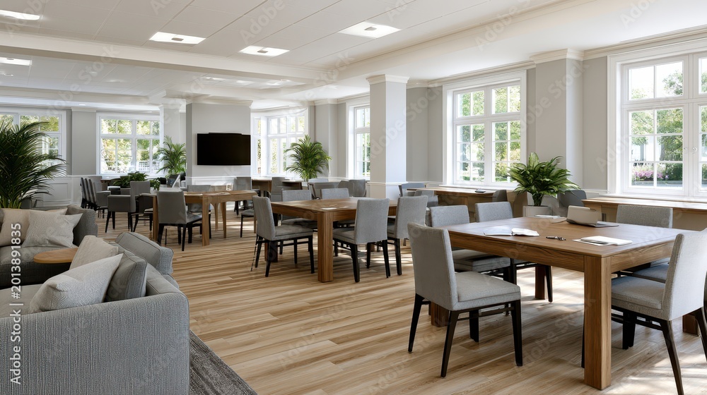 Fototapeta premium Bright modern dining room interior with wooden furniture and plants, elegant home design concept.