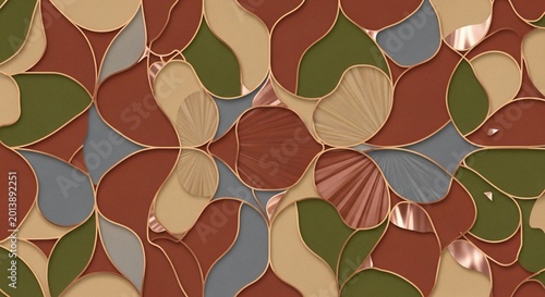 Abstract organic pattern, stained glass mosaic, geometric shapes, earthy tones, decorative background