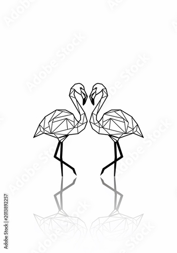Geometric Flamingos Facing Each Other, Minimalist Line Art, Duo Wildlife Reflection