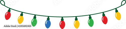Garland of colorful christmas lights, red, yellow, green, and blue bulbs on a dark green string lights