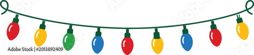 Garland of colorful christmas lights, red, yellow, green, and blue bulbs on a dark green string lights