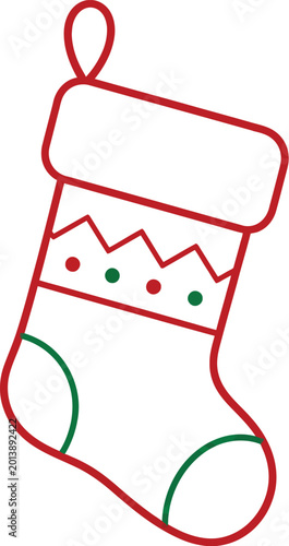 Red and green outline christmas stocking with zigzag pattern and dots holiday festive
