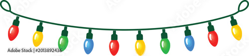 String of colorful christmas lights, red, yellow, green, and blue bulbs on a dark green cord string lights