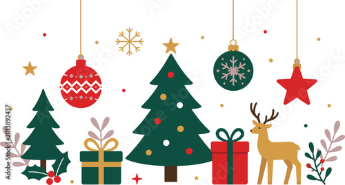 Festive christmas scene with decorated trees, gifts, ornaments, and a reindeer holiday winter celebration