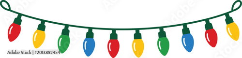 String of colorful christmas lights, red, yellow, green, and blue bulbs on a dark green cord string lights