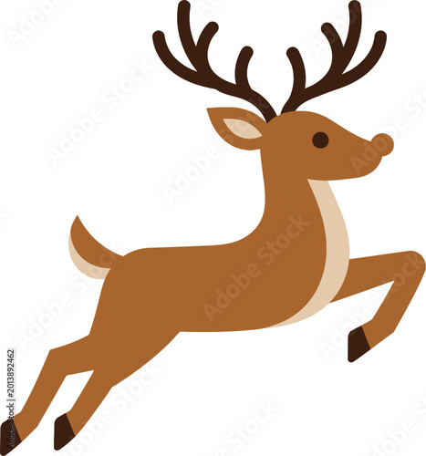 Stylized brown reindeer with antlers leaping against a white background, animal mammal