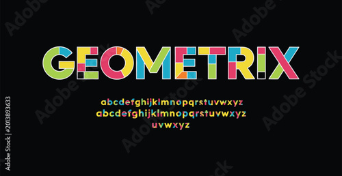 Colorful retro geometrix pixel font text with alphabet display