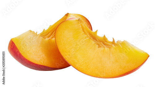Foto Isolated fresh vibrant peach fruit slices with sweet juicy pulp, perfect healthy summer snack