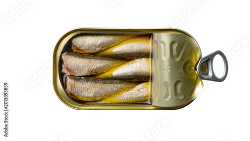 Bild auf Leinwand Isolated open tin can of delicious small sardines in olive oil, healthy canned seafood