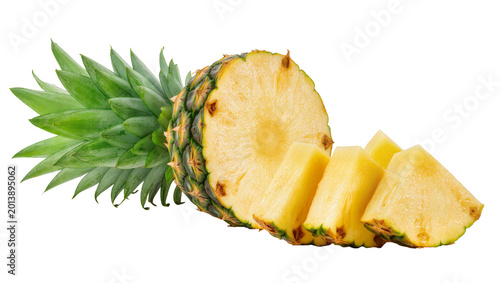 Slika na platnu Isolated fresh ripe tropical pineapple fruit cut in half with several sweet yell