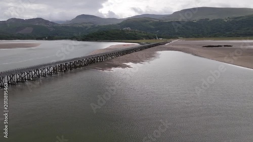 Aerial View of Barmouth Bridge and Tidal Sandbanks in Mawddach Estuary at Low Tide Wales