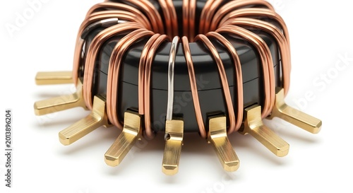 Copper wire coil on a black electronic component