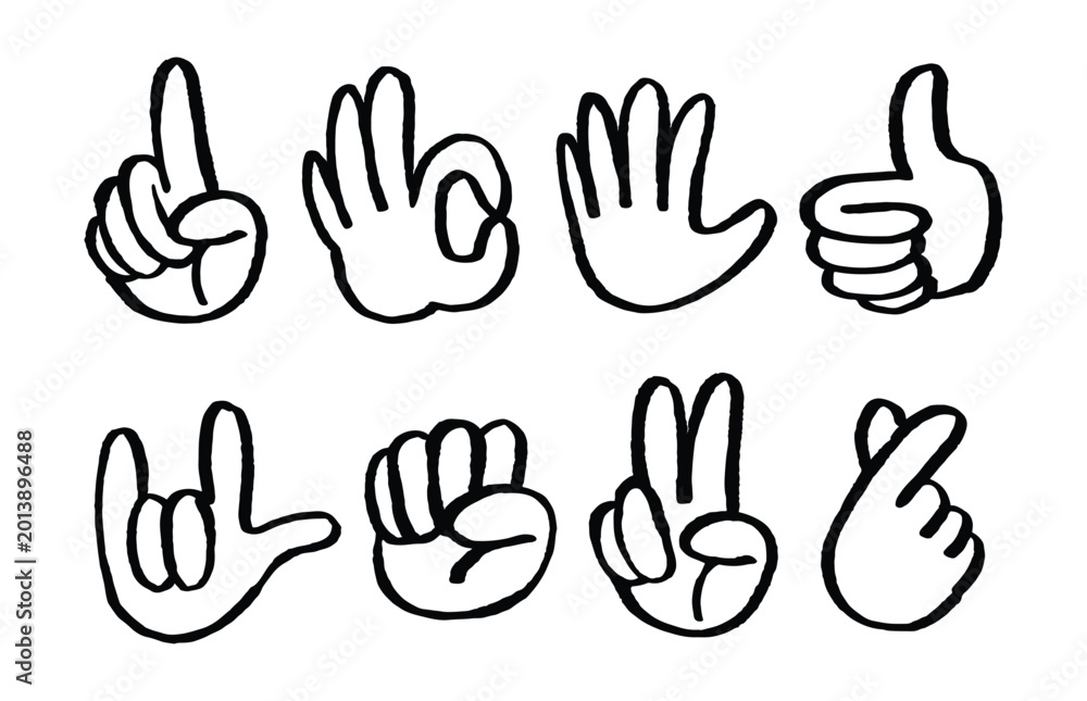 Obraz premium Set of human hand gestures signs and symbols isolated on white background sketch.