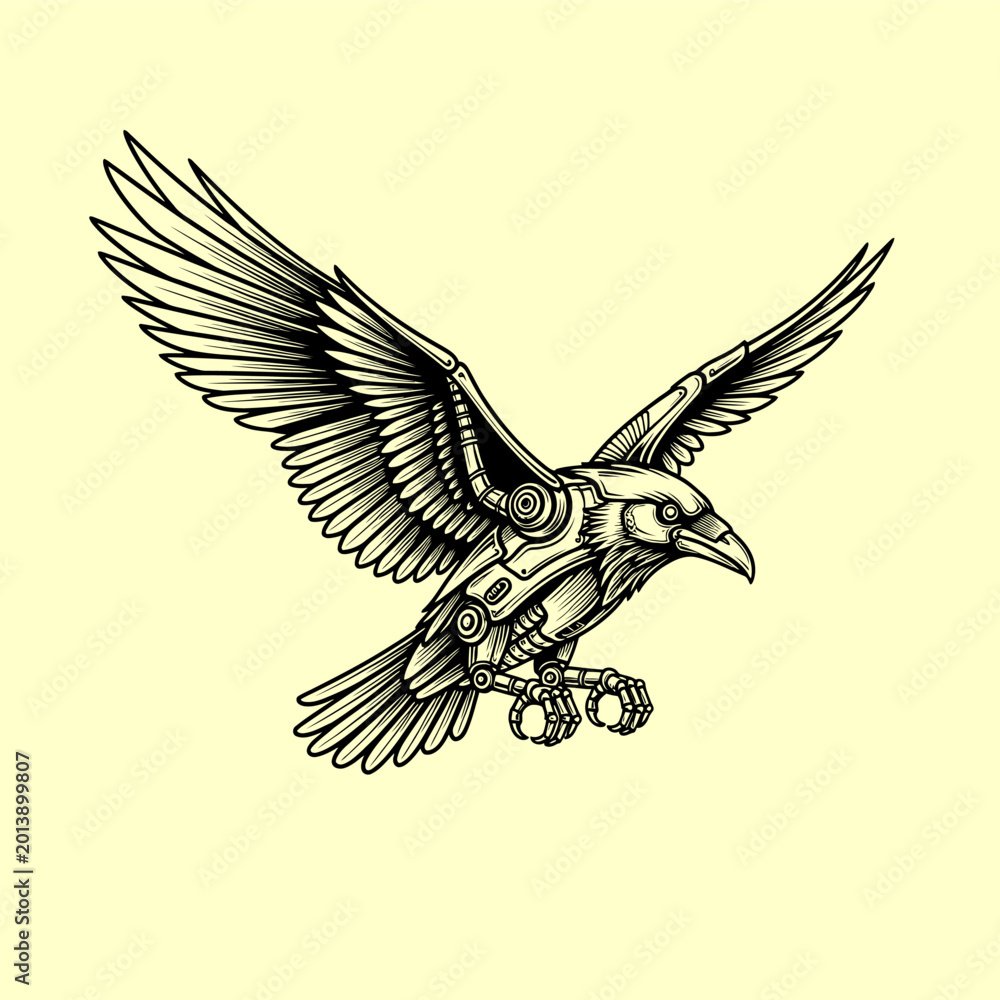 Fototapeta premium Steampunk Raven Illustration A Mechanical Bird with Intricate Gears and Wings