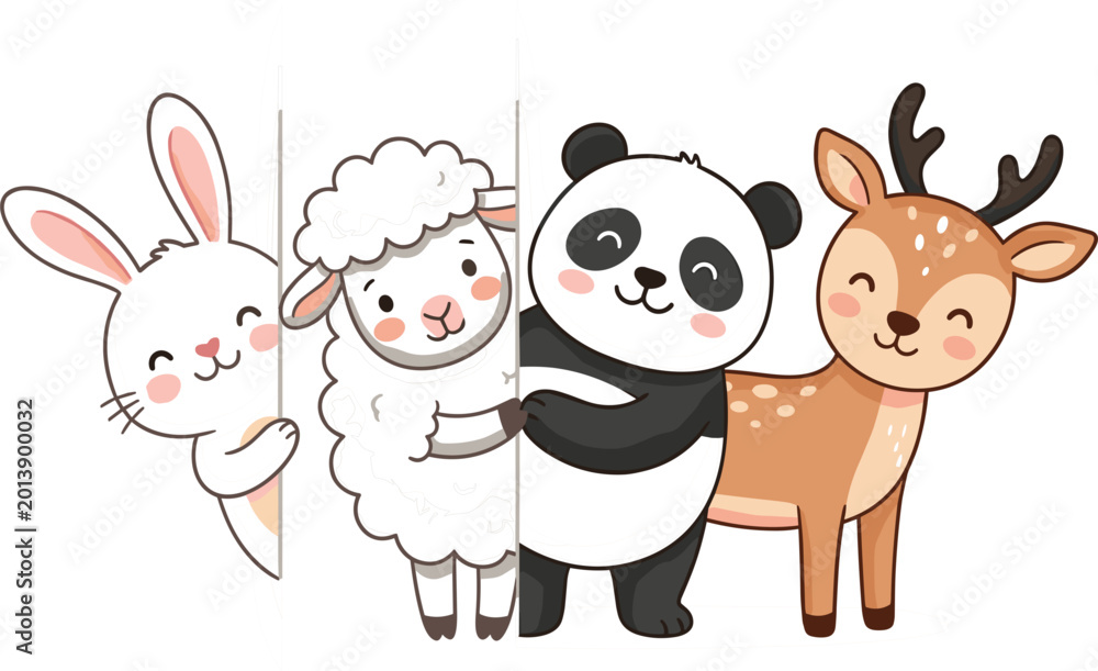 Obraz premium Cute Woodland Animal Characters Illustration Featuring Bunny Sheep Panda and Deer for Children Design Projects