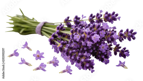 Tableau sur toile Isolated blooming fragrant lavender flower bouquet with scattered individual pur