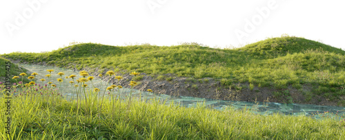 Billede på lærred Rolling grassy terrain landscape with wildflowers isolated on transparent background for environment design asset
