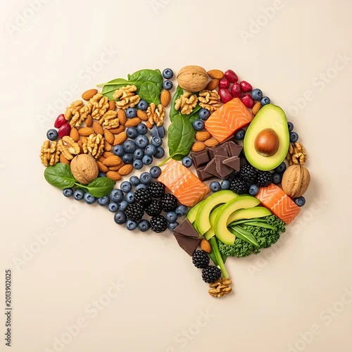 Obraz Brain silhouette formed with healthy foods like salmon, berries, nuts, and avocado