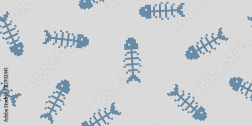 Foto Pixel art fish bones pattern, 8 bit classic concept pattern design for pet food packaging, fabric, background, wallpaper