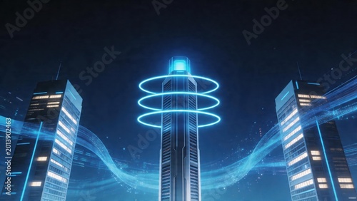 Futuristic cityscape with glowing towers