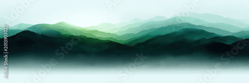 Seamless watercolor mountain landscape with layered green hills and soft mist. Panoramic abstract nature background with atmospheric depth and tranquil gradient tones