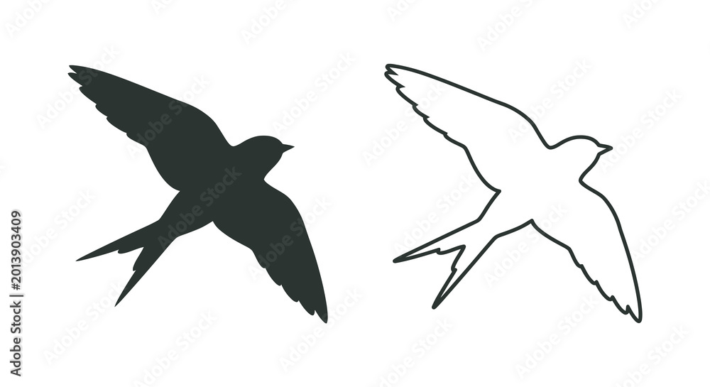 Naklejka premium Swallow bird silhouettes in flight black and white silhouette