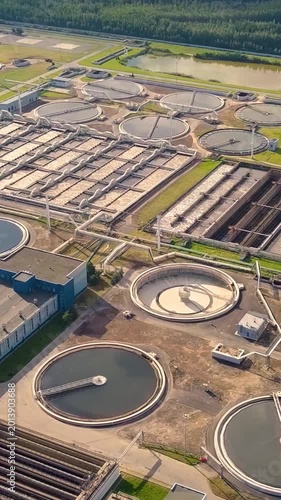 Aerial View of Modern Wastewater Treatment Plant. Vertical video
