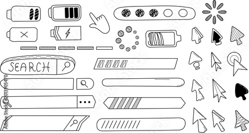 Hand drawn vector set of UI elements in doodle style, including search bars, loading progress indicators, battery icons and mouse cursors