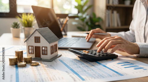 A businesswoman calculating property costs on a laptop, with a house model and coins on the table, symbolizing real estate accounting.
