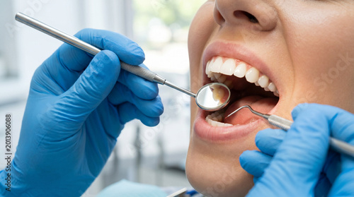 Professional dentist using a mirror to examine patient teeth for dental hygiene.