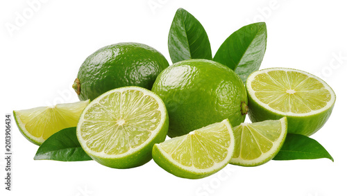 Vászonkép Isolated fresh green limes with juicy slices and vibrant leaves a tangy citrus f