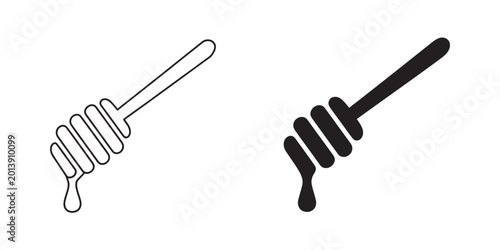 Honey dipper spoon icon set, dripping honey minimal line and flat style kitchen tool culinary vector design collection