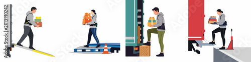 Foto Warehouse workers using exoskeleton suits for safe lifting and carrying of heavy packages during logistics operations, flat vector design