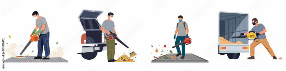 Naklejka premium Vector illustrations of male workers using leaf blowers for professional cleaning and landscaping tasks, wearing protective masks and safety gear.
