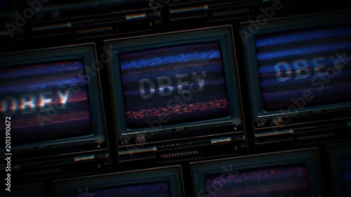 A looping background of stacked retro televisions with distorted glitch and interference noise featuring the word OBEY..
