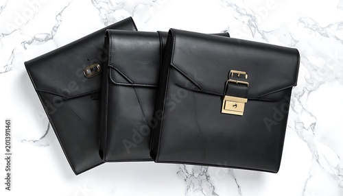 Three black leather pouches with gold clasps and stitching arranged on a white marble surface, elegant accessory display