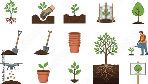 Canvastavla Tree Planting and Reforestation Illustration Set with Seedling Shovel Pot Roots