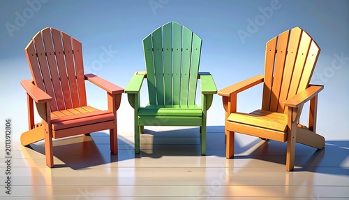 Three colorful wooden Adirondack chairs arranged in a row on a reflective surface with a soft blue sky background, perfect for outdoor relaxation and leisure.