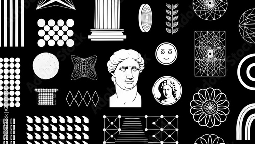 Photos eclectic collection of white geometric shapes classical bust and floral elements