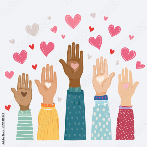 Diverse Hands Raised with Hearts, Symbolizing Unity and Love