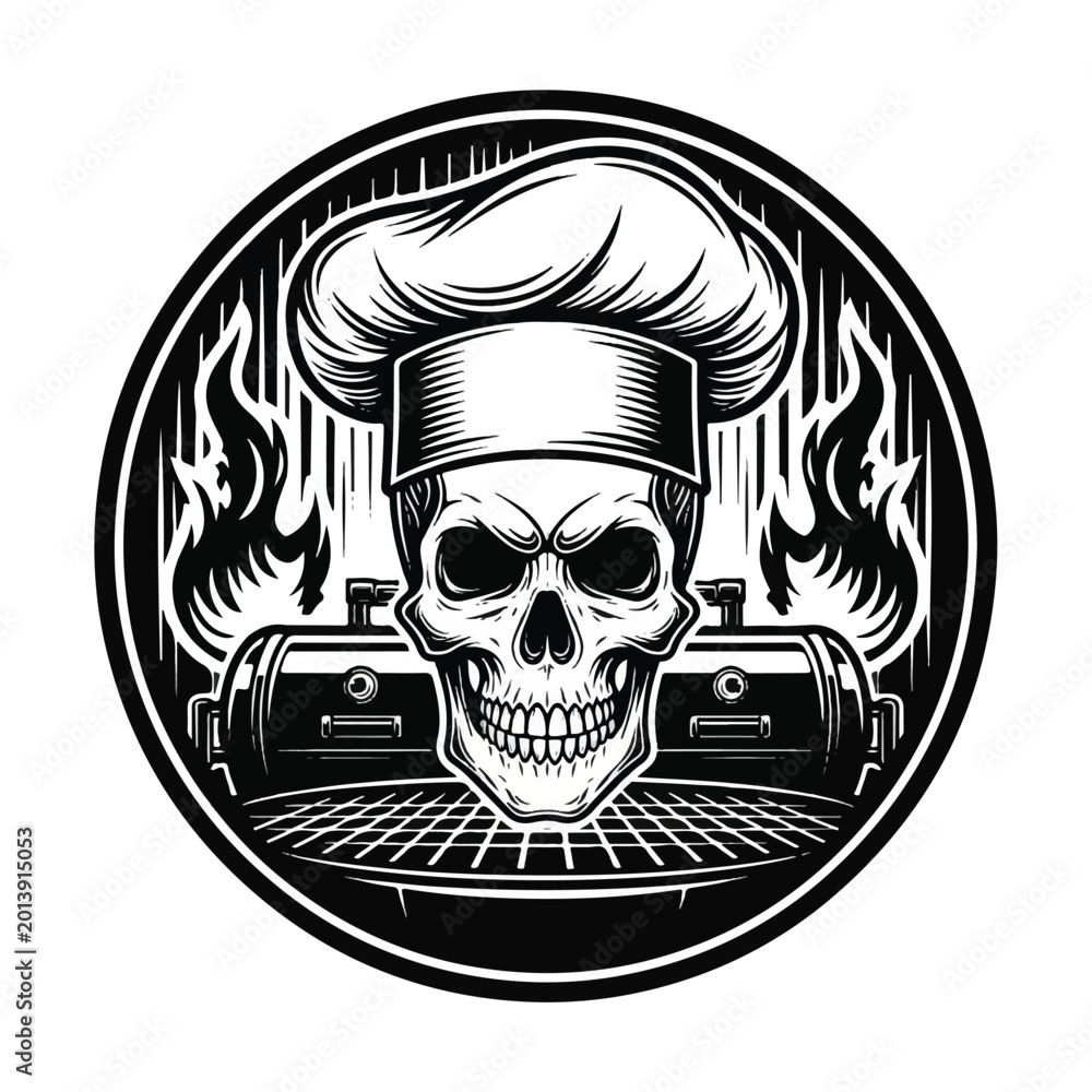 Fototapeta premium Chef Skull Wearing Toque Hat.