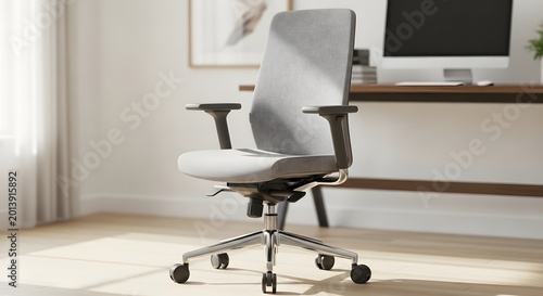 Modern grey office chair with wheels and armrests on wooden floor.