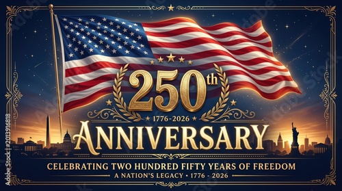 Vibrant patriotic illustration celebrating usa's 250th independence day with waving flag against a dark skyline, ideal for commercial use and events.