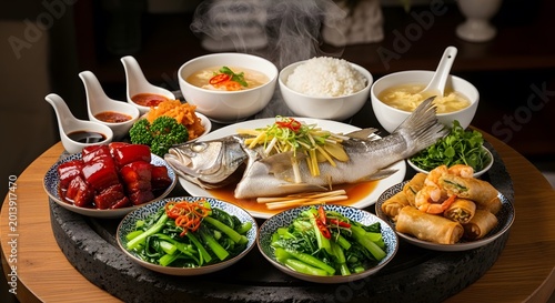 Traditional chinese family dinner with steamed fish braised pork and fresh vegetables on table.