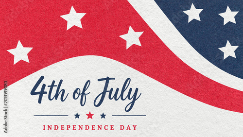 4th of July Independence Day greeting card background with red white blue waves and stars in flat paper banner