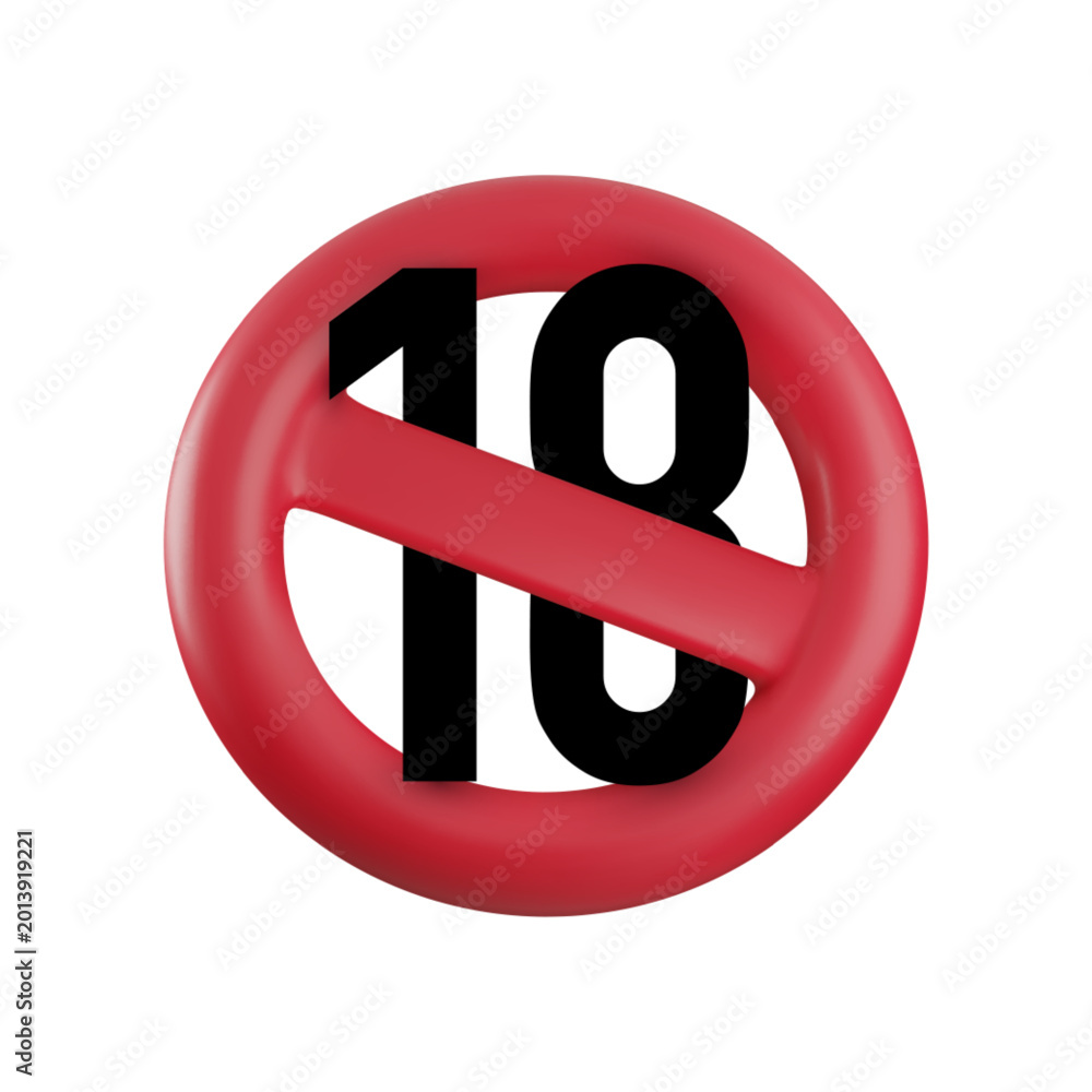 Obraz premium Vector Cartoon 3d Age Restriction prohibition sign. Realistic 3d render of red round block icon with diagonal strip, number 18. Ban under 18 years old, adult only label for web, app, digital content.